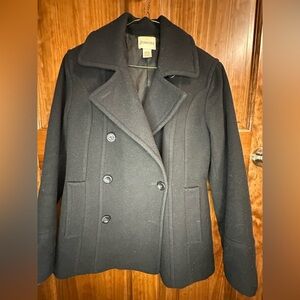 St John's Bay Women's Size Medium Petite Wool Pea Coat Jacket Black with pockets